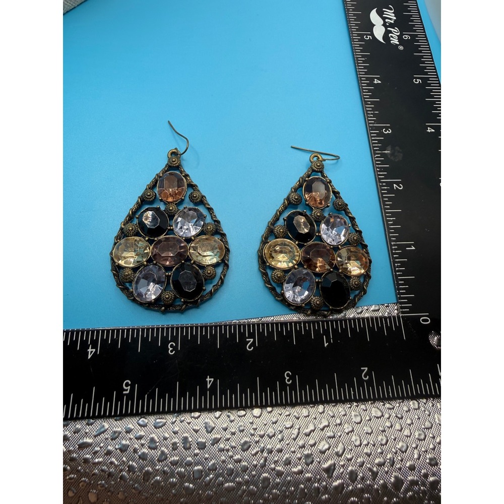 Antique Bronze Teardrop Statement Earrings Amber Smoky Crystal Boho Filigree